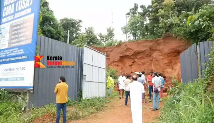 The main road leading to the Taliparamba Rajarajeshwara Temple has collapsed; the incident was caused by soil excavation carried out by a private individual nearby.