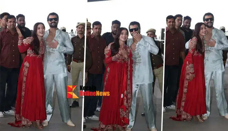 Rashmika wearing sindoor and smiling! 'Virosh' couple's airport look attracts attention