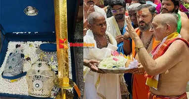Ilayaraja presented diamond crowns to kollur Mookambika Temple and Veerabhadraswamy, and a golden sword to Veerabhadraswam