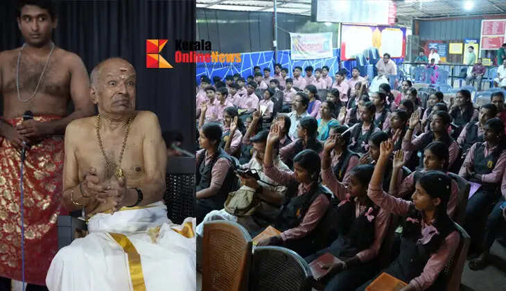 A group of children gets a first-hand introduction to the art of Kathakali at the premises of the Muzhakkunnu Mridangashaileswari Temple.