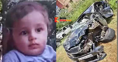 A bus collided with a car that had overturned after hitting a divider on the Bangalore-Mysore national highway; a one-year-old from Kannur died tragically, and six people were seriously injured