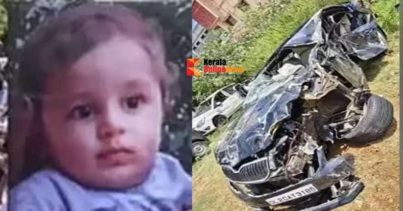 A bus collided with a car that had overturned after hitting a divider on the Bangalore-Mysore national highway; a one-year-old from Kannur died tragically, and six people were seriously injured