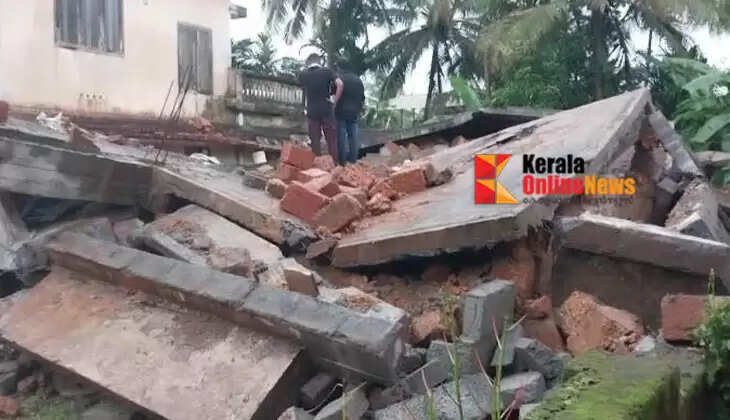 A two-storey concrete building under construction in Thrissur was completely demolished due to heavy rains.