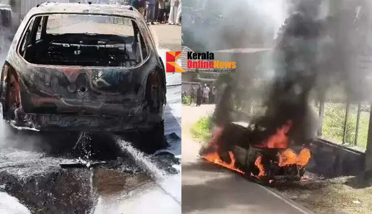 A car carrying a family of four, including a child, was gutted by fire in Thottapuzhassery.