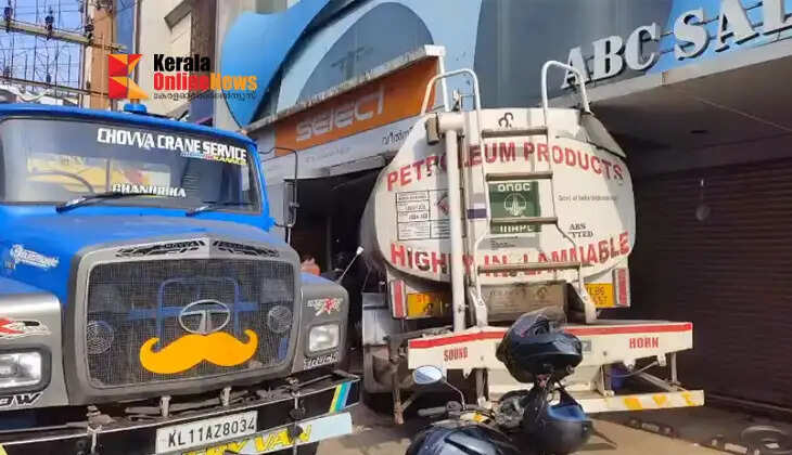 A petrol tanker lorry crashed into a shop at Thana, Kannur; a major disaster was narrowly averted.