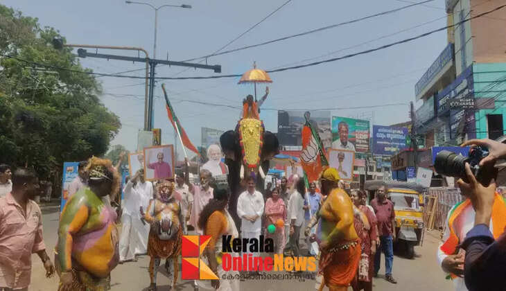 The NDA candidate came to file his nomination on an elephant, accompanied by a tiger dance and a Chenda band to add color.