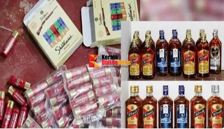 70 rounds of ammunition and 63 bottles of foreign liquor were seized from a locked house in Thamarassery; one person is in custody.