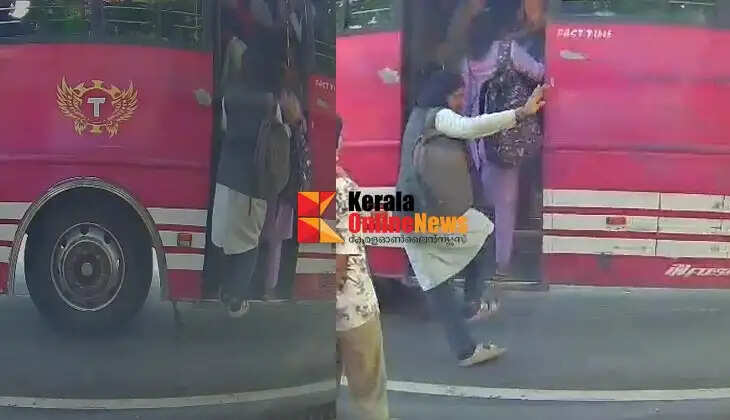 Female student falls from private bus in Thalassery town; has miraculous escape.