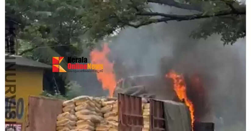 Lorry catches fire at Keloth Cement Godown in Payyannur