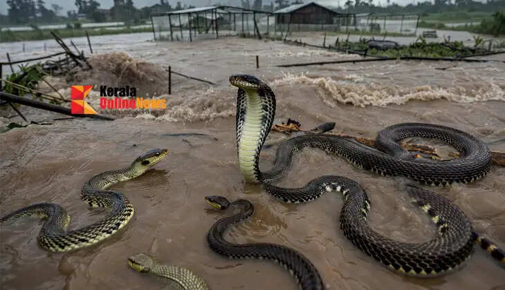 900 venomous snakes washed away in the floods; people scramble to catch and cook them, including cobras.