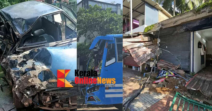 Four people were injured in a collision between a private bus, a car and a goods auto in Peralassery Kotthathu, the car driver is in critical condition.