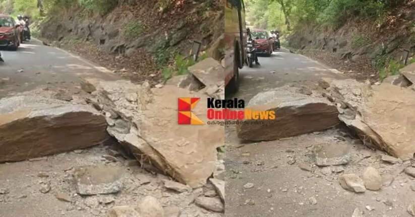A large rock fell onto the road at Wayanad Pass