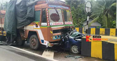 Another car accident on the Thalassery-Mahe bypass; A Boleno car parked at the Kolassery toll booth was completely destroyed after hitting a lorry