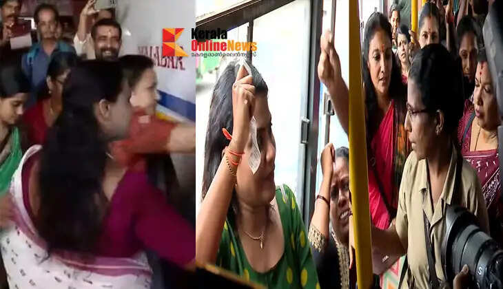 Female conductor gives free tickets to Mahila Morcha activists protesting at KSRTC in Thiruvananthapuram