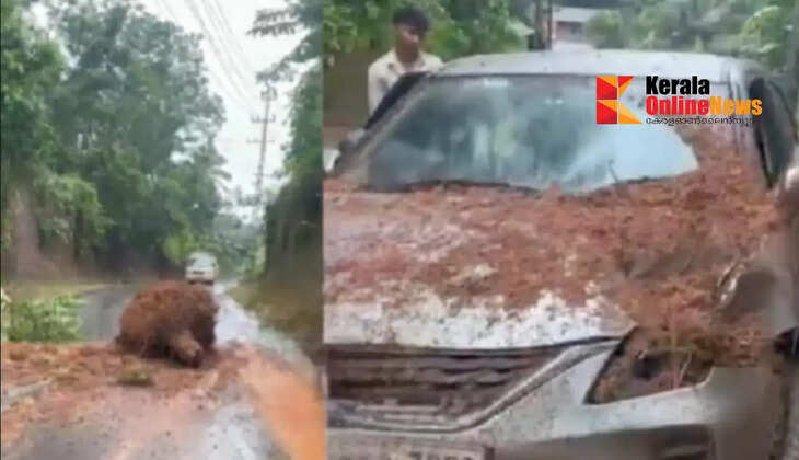Soil collapsed onto a car at Shivapuram, Mattannur; the occupants had a miraculous escape.