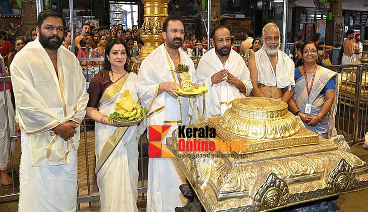 Nandhilat Group owner Gopu Nandhilat offers a gold crown weighing 25 paise as an offering to Guruvayoorappan