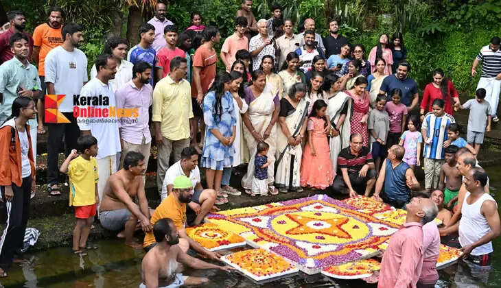Swimming group creates Onam floral carpet in a pond at Pallikunnu, Kannur; a novel sight that intrigued onlookers.